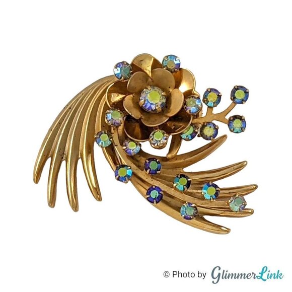 Vintage Kramer Floral Spiral Aurora Borealis Rhinestones Gold Tone Brooch - Picture 1 of 10